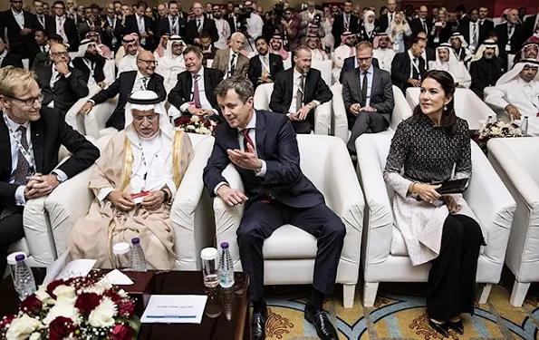Crown Princess Mary of Denmark and Crown Prince Frederik of Denmark attended the official opening of "Denmark-Saudi Arabia Business Forum" in the capital city of Saudi Arabia, Riyadh. Crown princess Mary wore Missoni coat