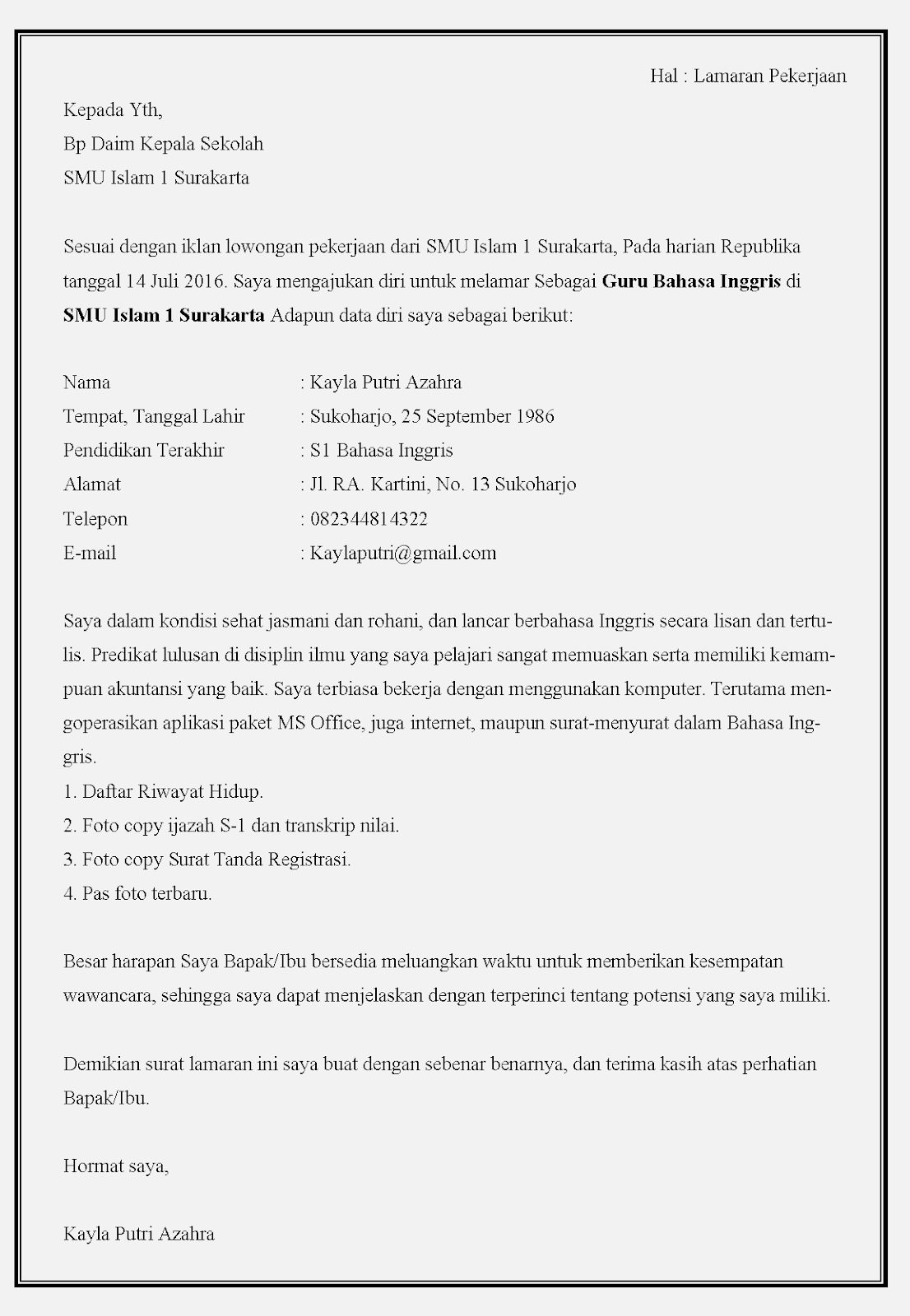 Contoh surat lamaran kerja guru bahasa inggris dalam bahasa indonesia