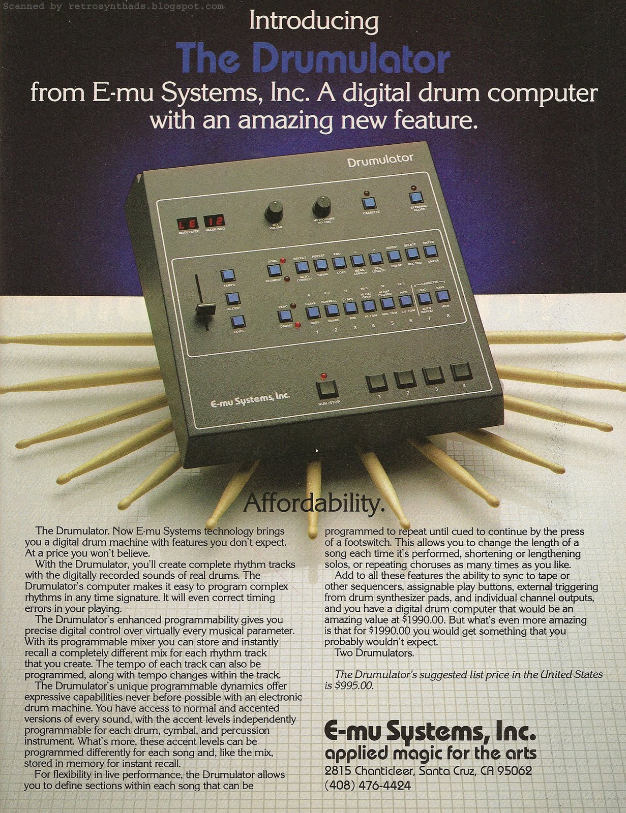 Retro Synth Ads E mu Systems Inc. Introductory Drumulator ad