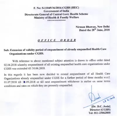 Extension of validity period of empanelment of already empanelled HCOs under CGHS