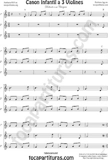  Violín Partitura de Canon Infantil a tres voces Sheet Music for Violin Music Scores