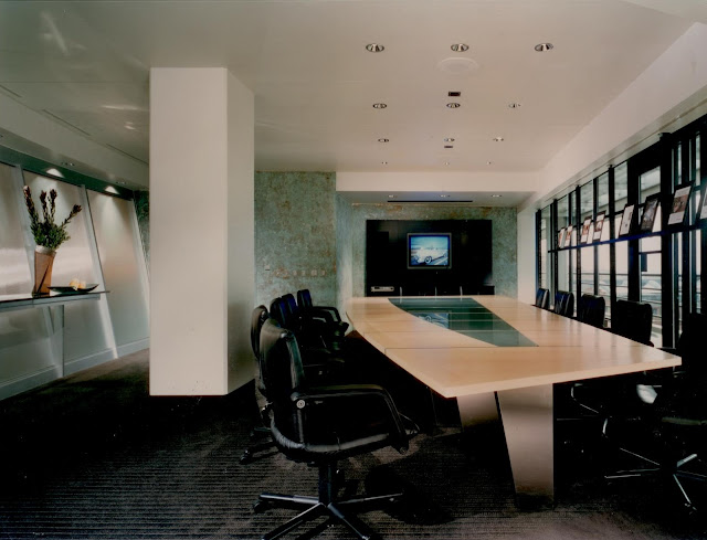 Conference room of W.E. Doner advertising agency with custom table, designed by architect Ernesto Santalla while at KressCox associates