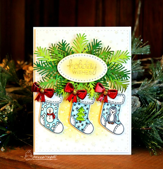 Christmas Stocking Card by Larissa Heskett | Holiday Stockings Stamp Set, Stylish Stockings Die set and Pines & Holly Die Set by Newton's Nook Designs #newtonsnook #handmade