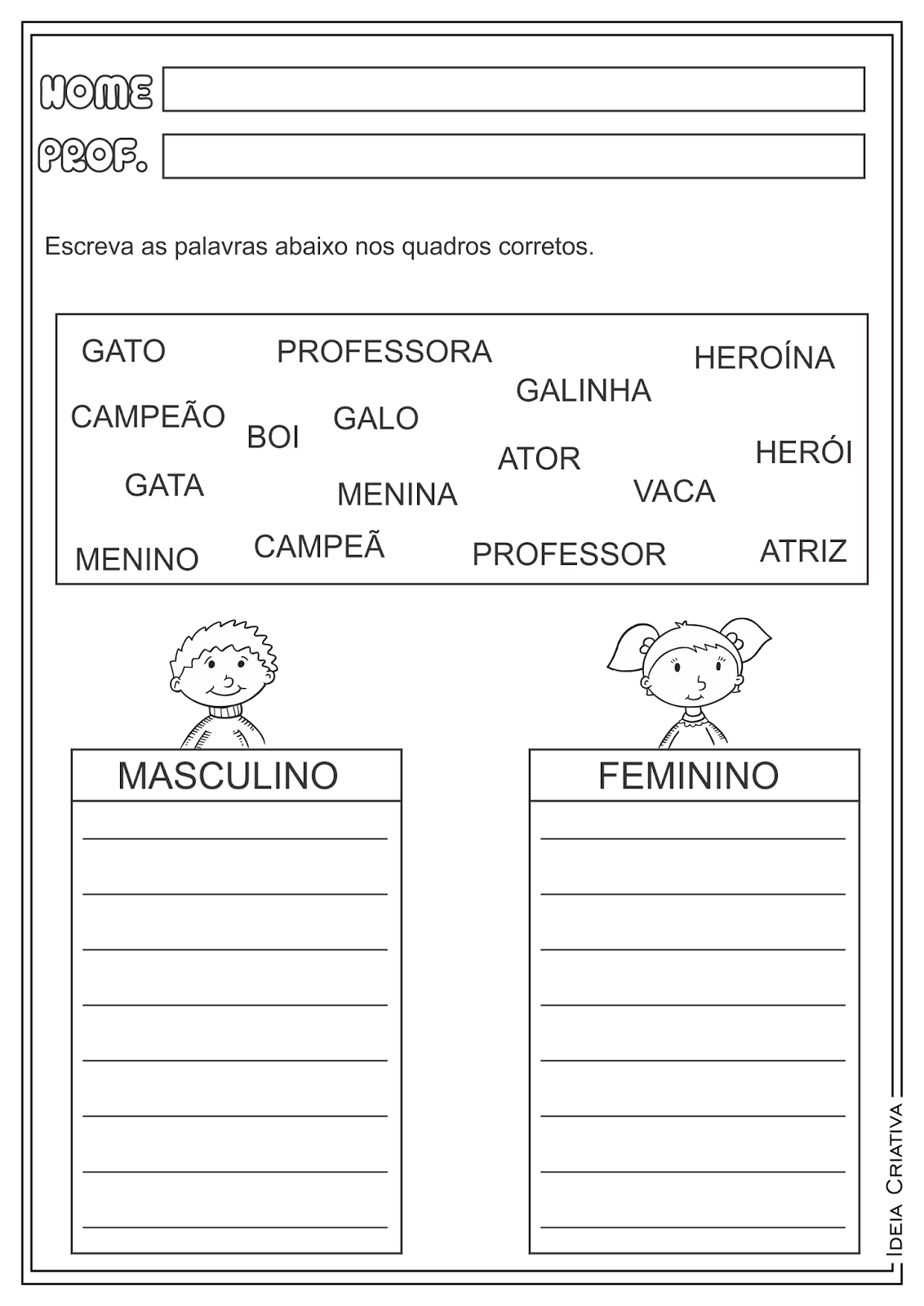 Atividades Masculino e Feminino Língua Portuguesa para Ensino Fundamental
