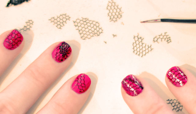 mesh and lace and pink and gold nails