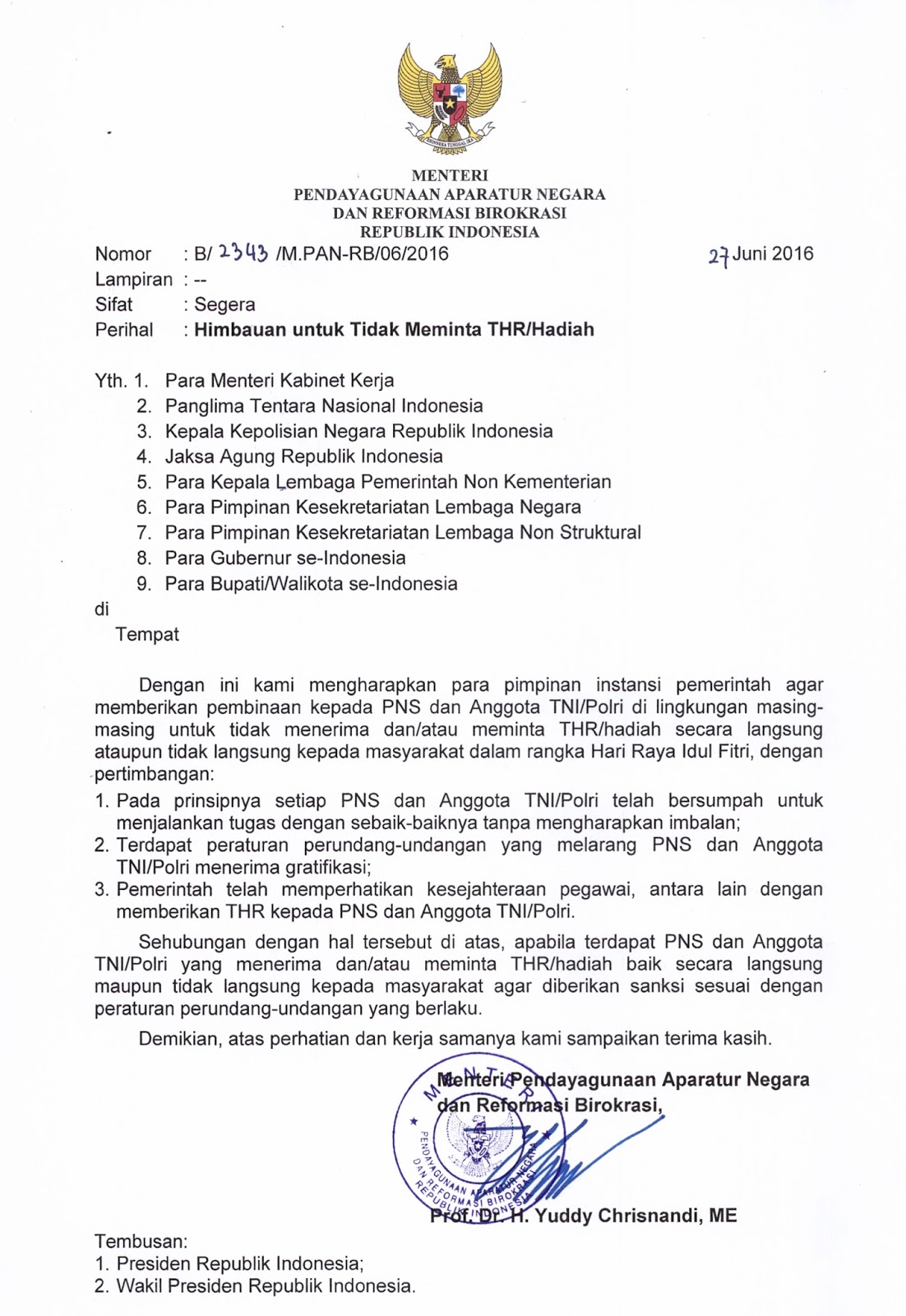 Surat MENPAN-RB Tentang Himbauan Untuk Tidak Meminta THR/Hadiah Dalam
