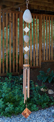 Large natural beach stone wind chime with five copper chimes, Coast Chimes