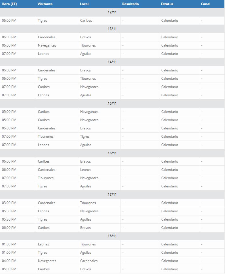 Calendario sexta semana LVBP 2018-19. Calendario de Béisbol Profesional Venezolano 2018-2019 LVBP. Calendario completo con las Transmisiones televisivas del Béisbol Profesional venezolano 2018-2019 LVBP.