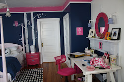 navy pink room teen decor bed desk alcove