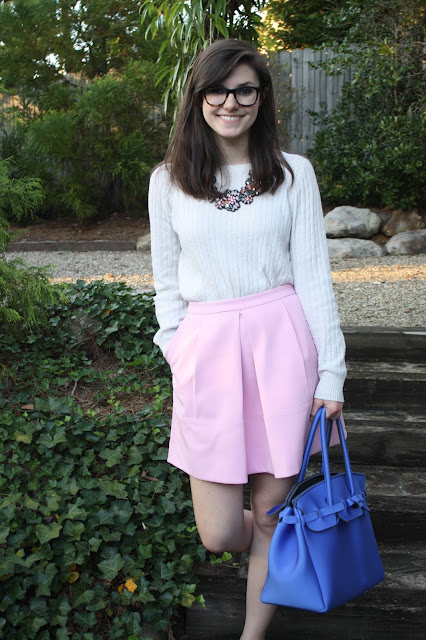 pink skirt, tailor, sweater, fall clothes, transitional outfits