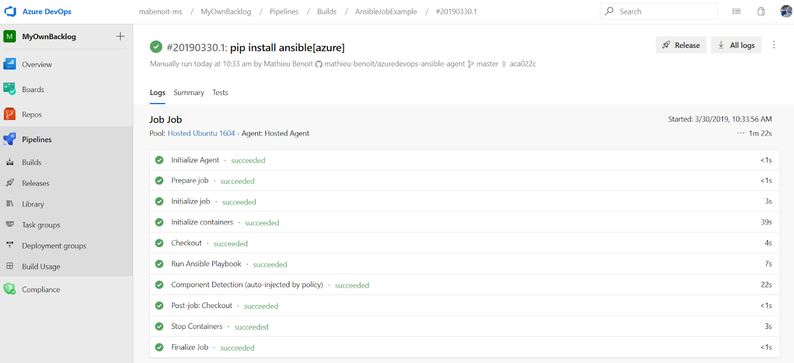 always up, always on Azure DevOps pipeline container job with Ansible