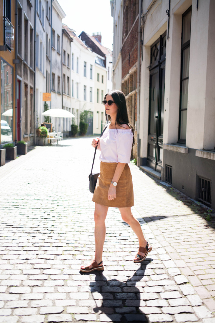 Outfit: off shoulder blouse and suede mini skirt