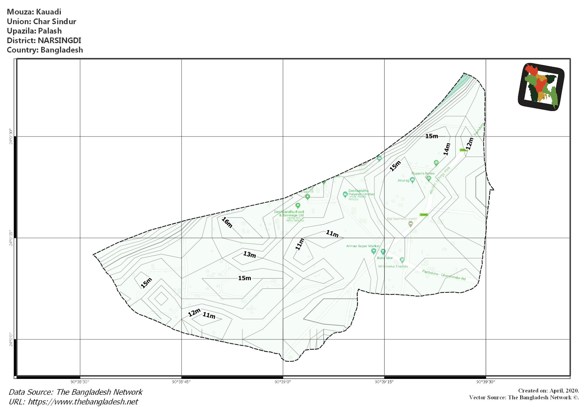 Map of Kauadi Mouza of Palash Upazila, NARSINGDI, Bangladesh.