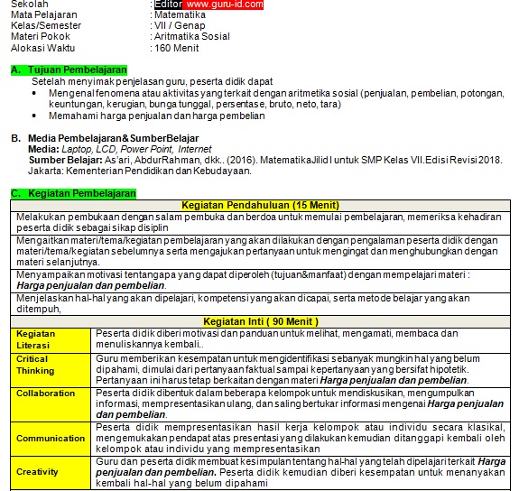 RPP Matematika 1 Lembar Kelas 7 SMP Semester 1 dan 2 Revisi 2020