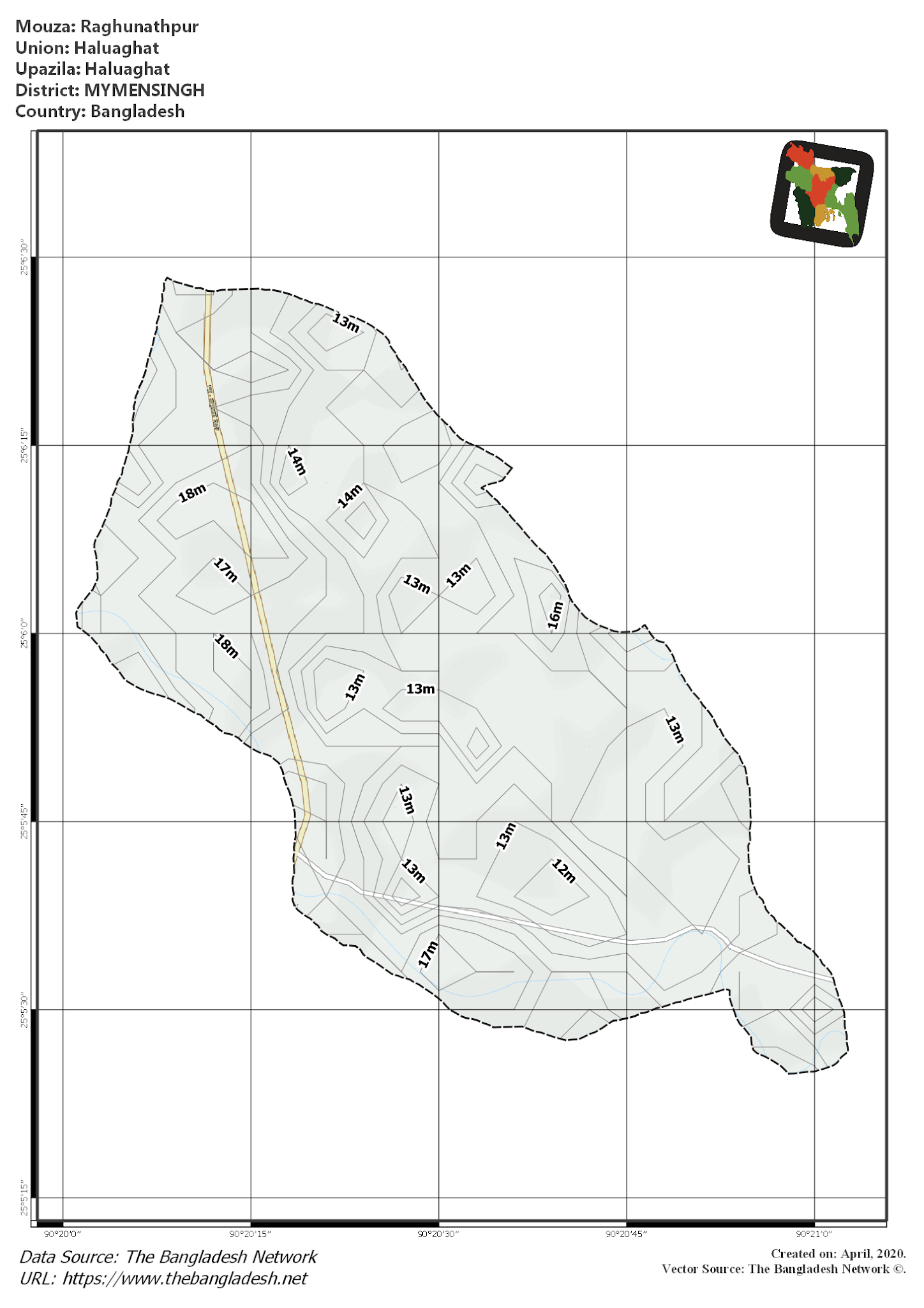 Map of Raghunathpur Mouza of Haluaghat Upazila, MYMENSINGH, Bangladesh.