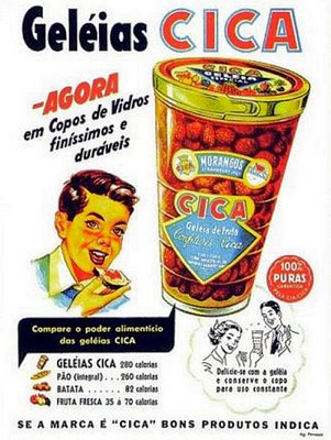 Geleia Cica e seus copos colecionáveis. Propaganda dos Anos 60.