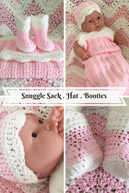 snuggle sack, hat, booties, crochet
