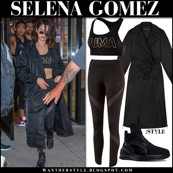 Selena Gomez in black trench coat black black on September 28 ~ I want her style - What celebrities wore and where to buy it. Celebrity Style
