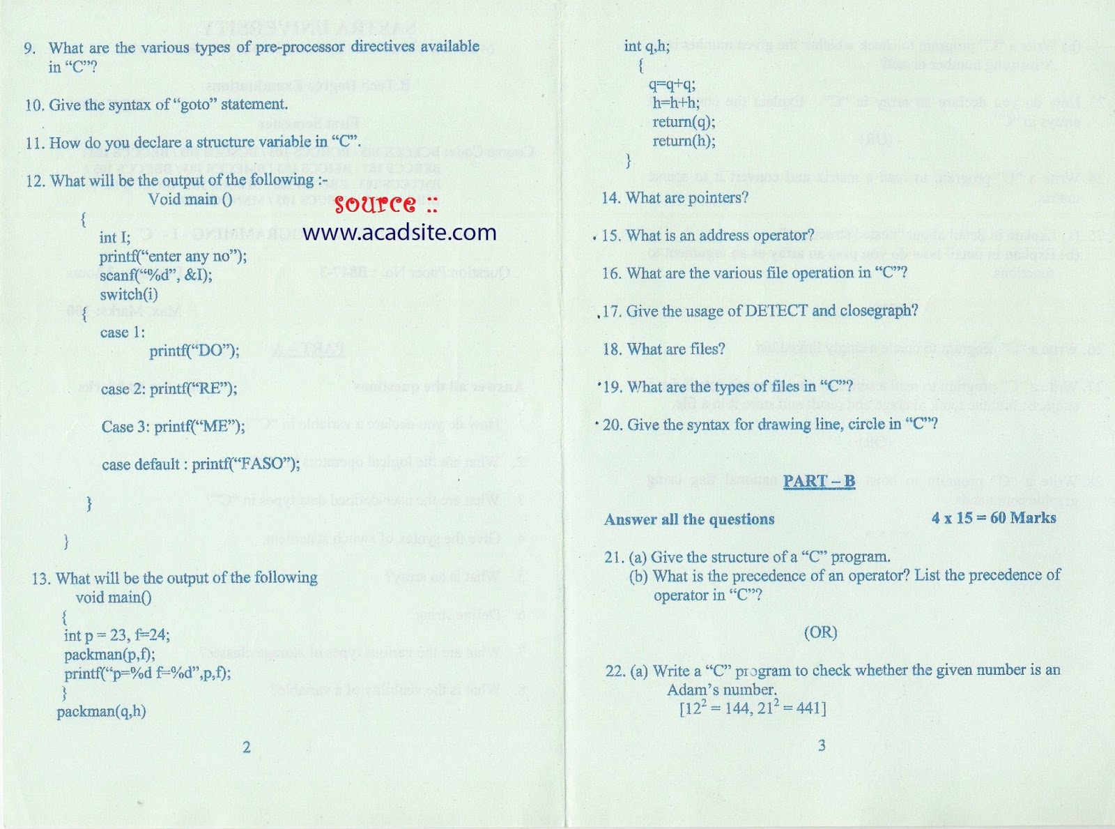 Programming in C question Paper