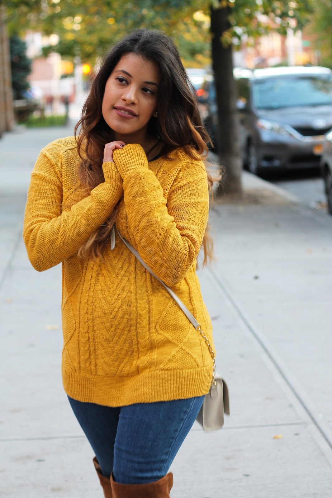 Mustard Yellow Pullover Sweater and Brown Over the Knee Boots. New