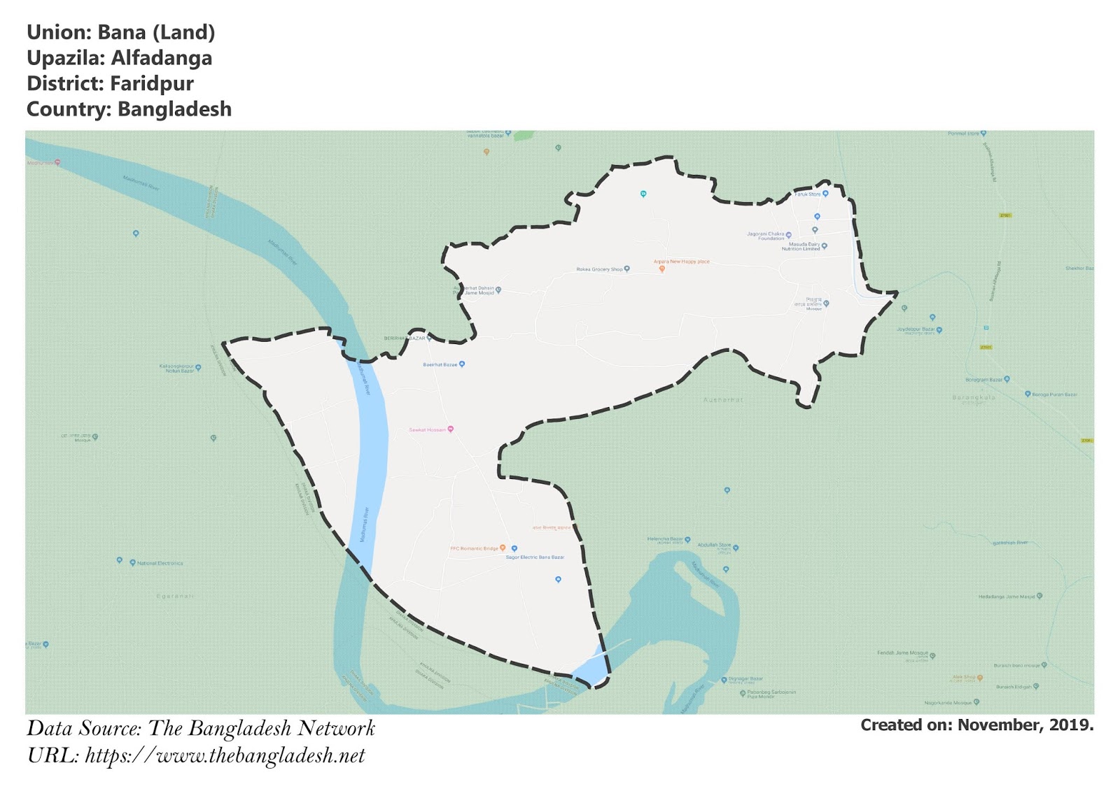 Map of Bana of Alfadanga Upazila Map of Bana of Faridpur, Bangladesh.