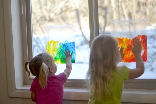 Sun-catcher sensory bags are easy to make, mess free, and allow kids to explore in all sorts of ways