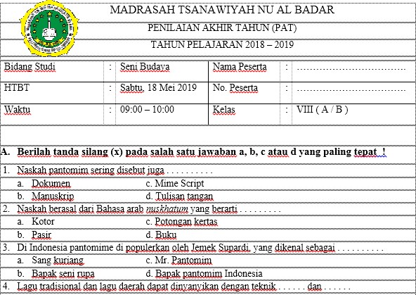 Soal Seni Budaya Kelas 7 Mts Nu Al Badar