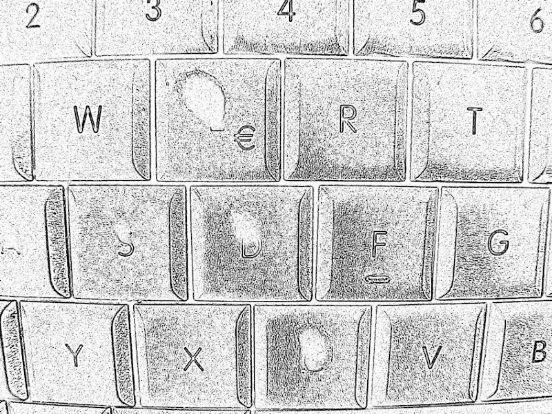 Abgeschubberte "E"-Tastatur, auf der noch das €-Zeichen übrig ist, als Teil des Wortes "WERT", den die Buchstaben bilden