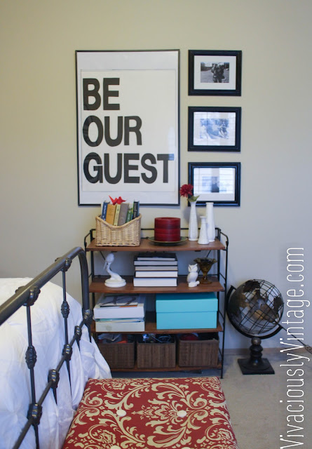 Be Our Guest DIY guest room artwork! Damask bench