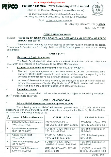 Government Jobs Notification Of Revised Pay Scales Of PEPCO Employees 