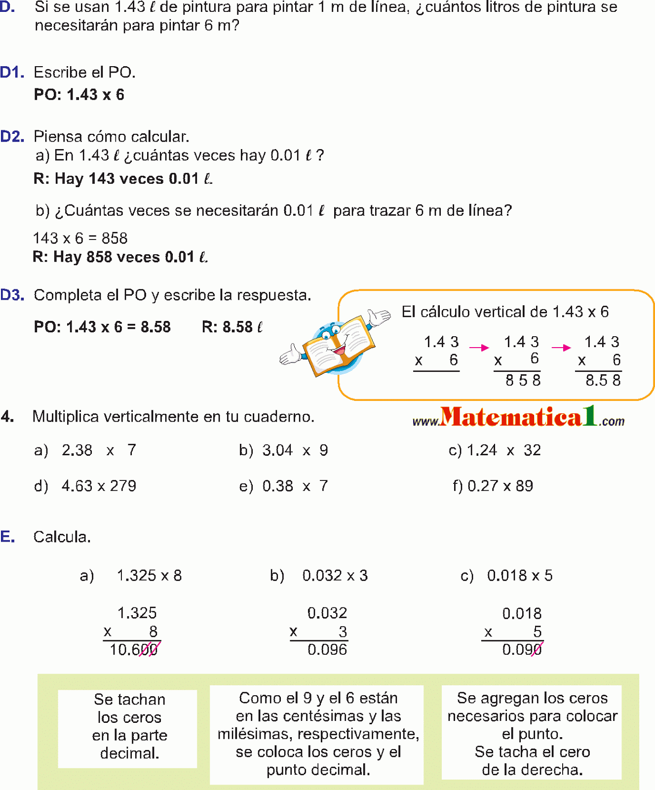 Multiplicacion De Decimal Por Natural Ejercicios Resueltos De Primaria