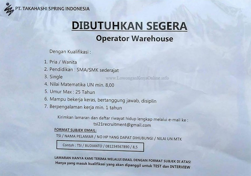 Lowongan Kerja Pt Takahashi Spring Indonesia Kawasan Industri Jababeka Cikarang Lowongan Kerja Loker Terbaru