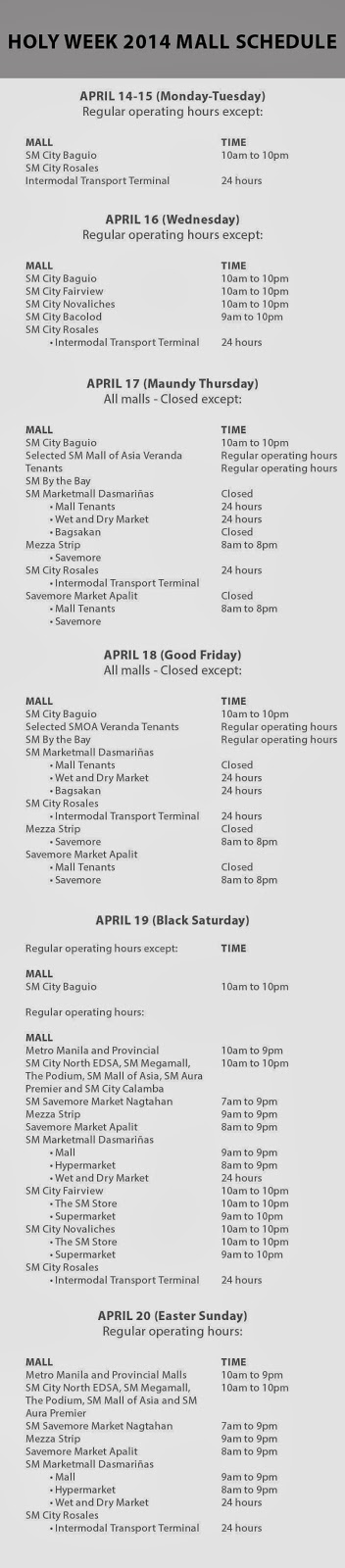 Holy Week 2014 SM Malls Schedule