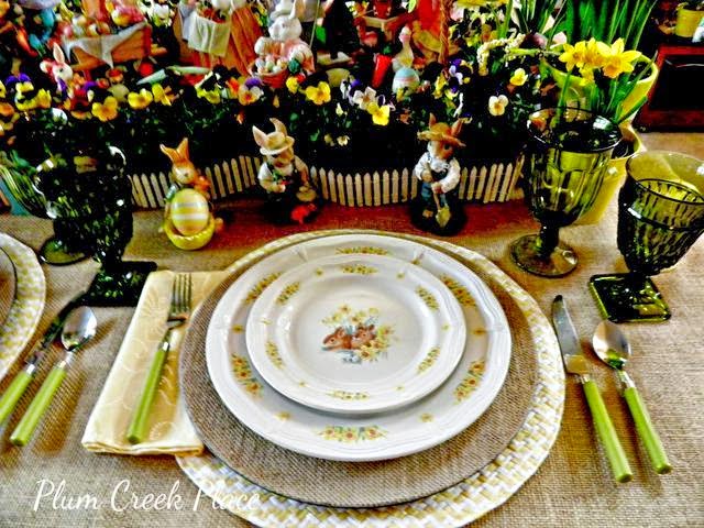 Here comes Peter Cottontail tablescape, Easter, Domestications bunny plates