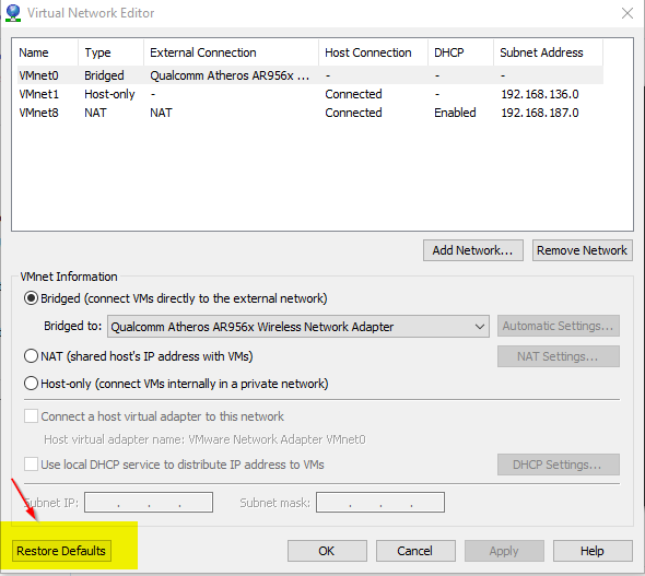 VMWARE Cannot change network to bridged There are no unbridged host