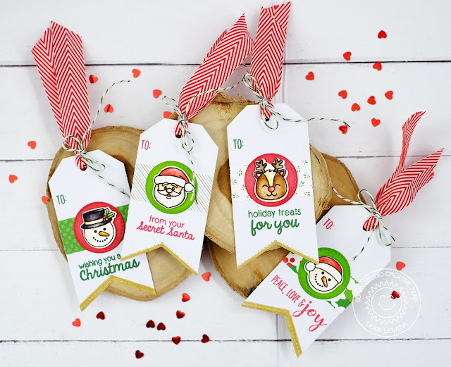 Sunny Studio Stamps: Holiday Gift Tags by Lexa Levana (using Christmas Icons stamp, Traditional Tag Topper & Fishtail Banner Dies)