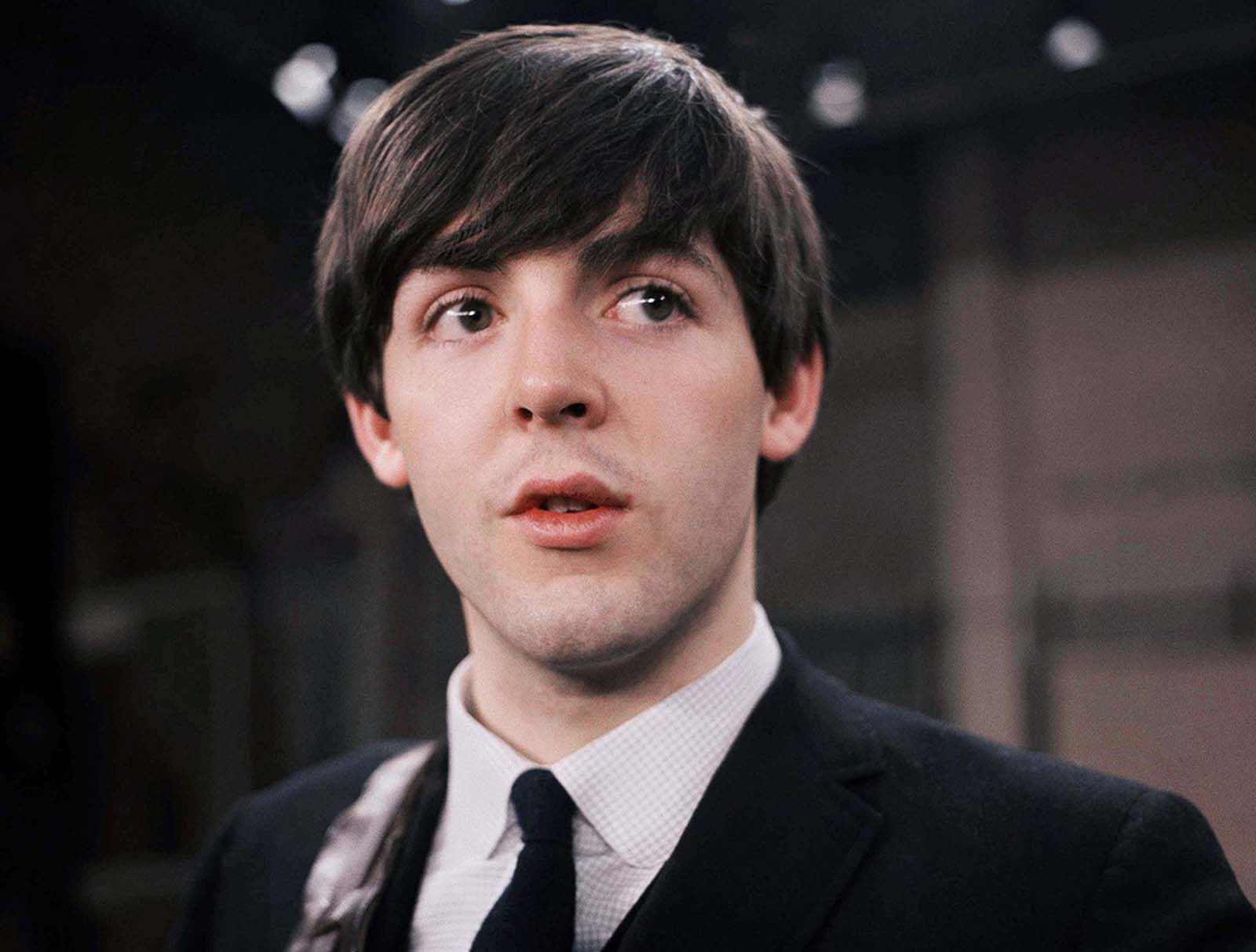 Paul McCartney, 21 years old, on the set of the Ed Sullivan Show with the Beatles, on February 9, 1964.