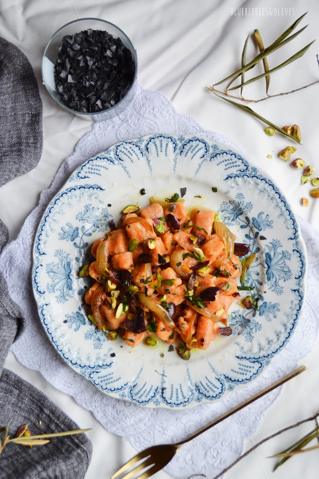 SWEET POTATO GNOCCHI WITH OLIVES AND PISTACHIOS 