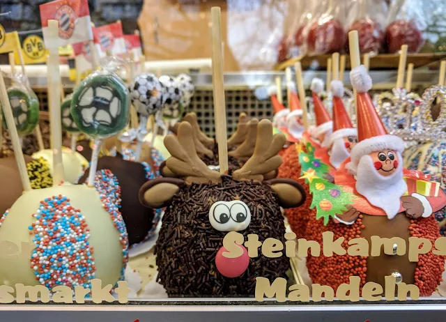 Chocolate covered apples that look like reindeer in Dortmund's Christmas Market