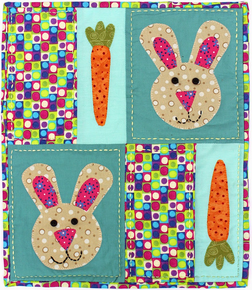 Easter Table Topper 24 x 24 Quilt with Patchwork Center and Appliqued Bunnies and Easter Eggs