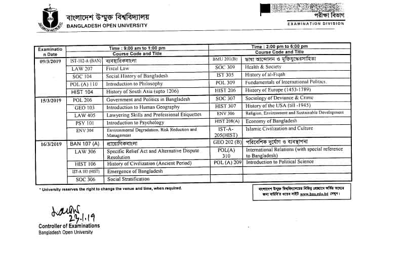 Bangladesh Open University BOU BA/BSS Exam Routine 2019