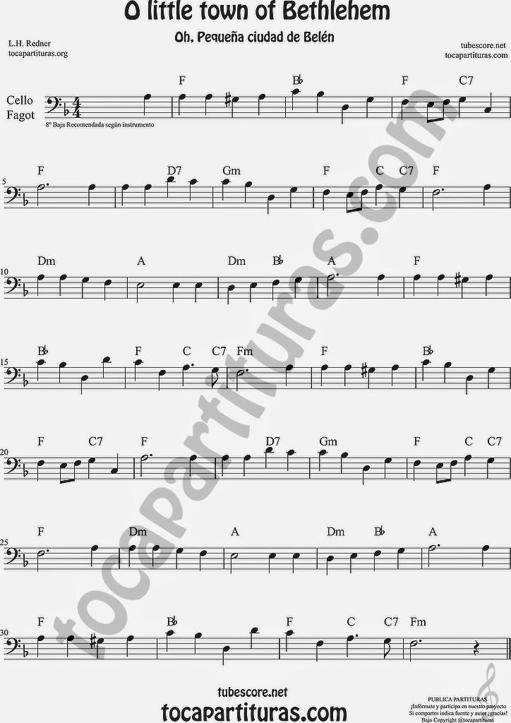  O little town of Bethlehem Partitura de Violonchelo y Fagot Sheet Music for Cello and Bassoon Music Scores