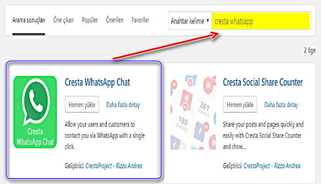 “Eklentileri Ara” metnini gördüğünüz arama kutusuna tıklayın. Buraya “cresta whatsapp” yazın. Sonra, “Cresta WhatsApp Chat” eklentisinde “Şimdi Kur” seçeneğini tıklayın.