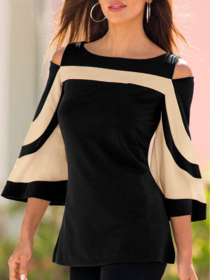 Round Neck Backless Striped Three-Quarter Sleeve Long Sleeve T-Shirts