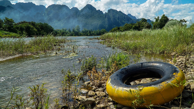 River tubing in Vang Vieng, and got badly sunburnt in the process