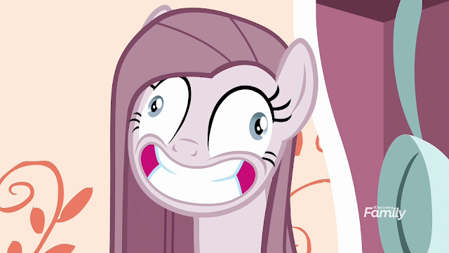 Pinkie's face arrange into a psychotic expression by Rainbow Dash.