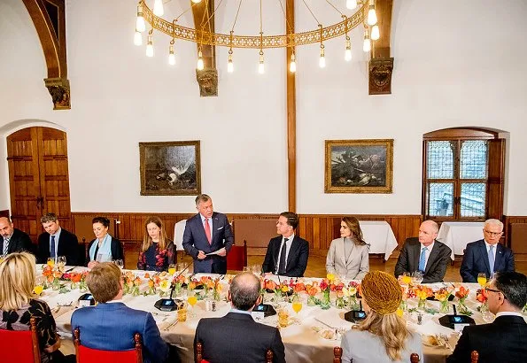 Queen Máxima wore Claes Iversen dress, Queen Rania wore Chloe suit. Queen Máxima and Queen Rania attended a lunch hosted by Prime Minister Mark Rutte