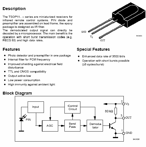 Infrared Sensor Tsop 1136 Description And Features Pin Configuration Electro Help