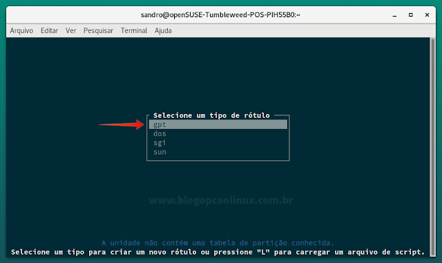 Selecionando uma nova tabela de partição com o cfdisk