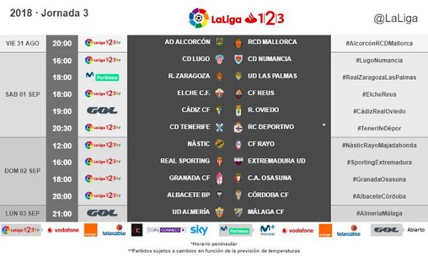 LaLiga 1|2|3 2018/2019, horarios oficiales de la jornada 3
